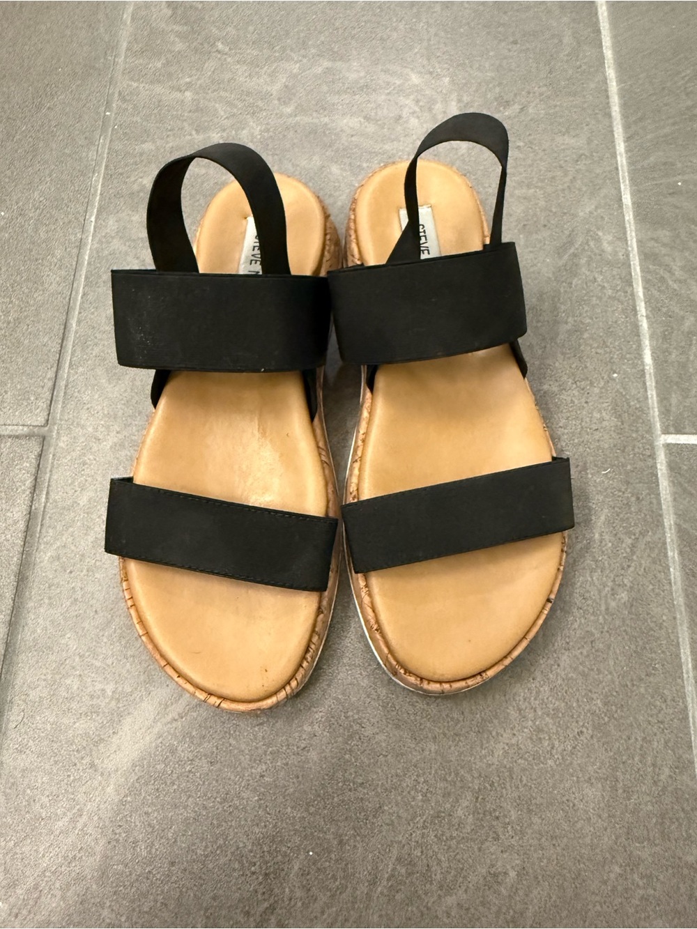 Steve Madden Black Two-Strap Slingback Sandals with Tan Footbed